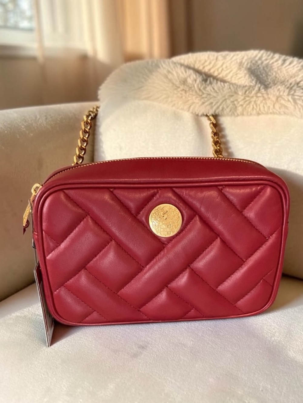 Vince Camuto NWT Red Quilted Leather Crossbody Bag with Gold Chain